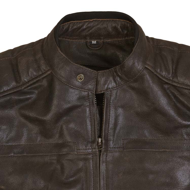 Close-up of the collar and upper chest area of a men's brown leather motorcycle jacket