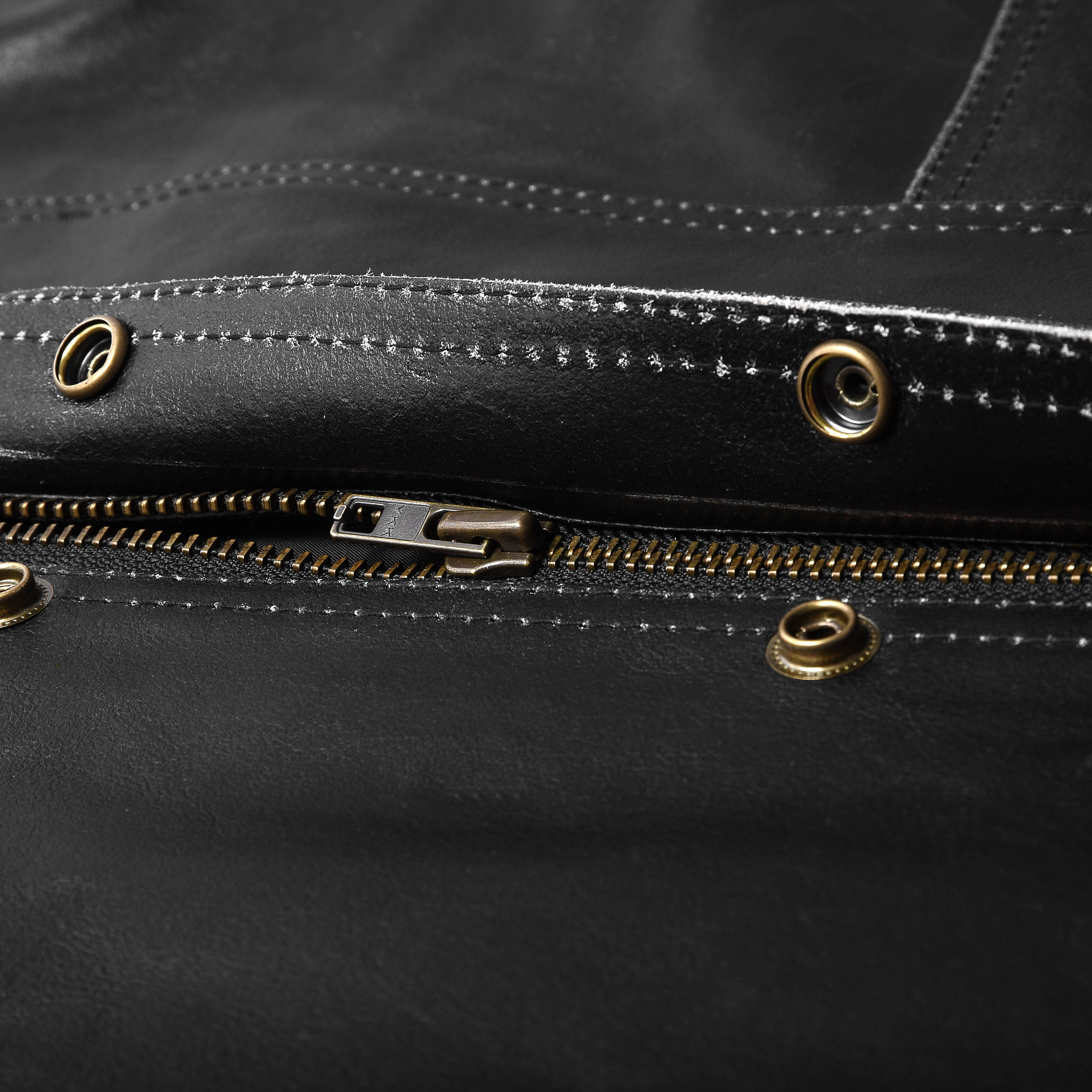 Black Distressed Leather Vest with Stud Buttons & Hidden Zip