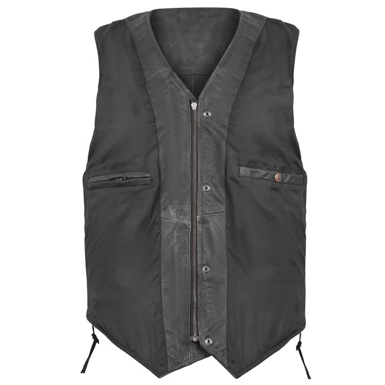 Leather Motorcycle Vest with Stud Buttons & Hidden Zip