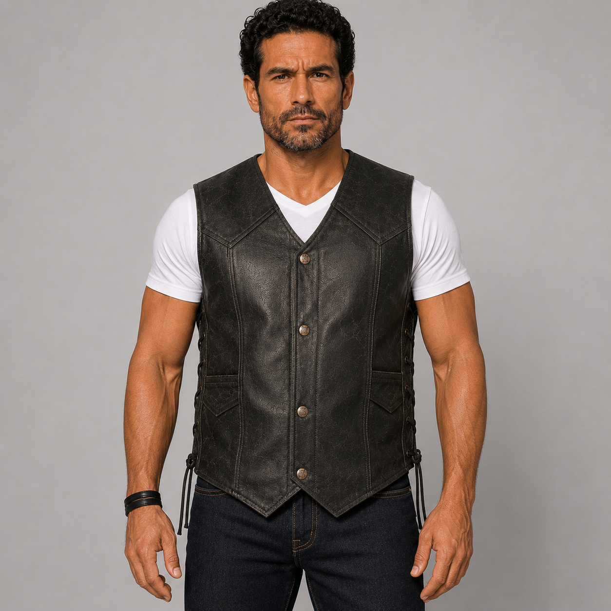 Black Distressed Leather Vest with Stud Buttons & Hidden Zip on AI generated model