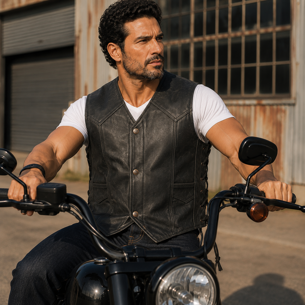 Black Distressed Leather Vest with Stud Buttons & Hidden Zip on AI generated model