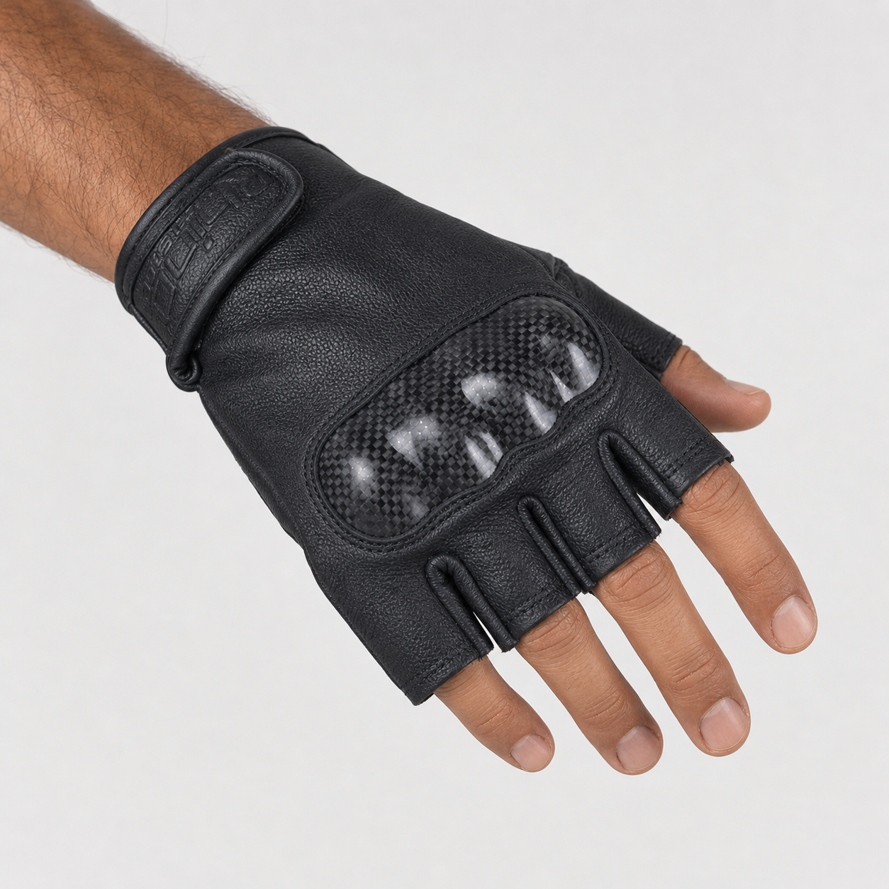 Fingerless Carbon Knuckle Leather Gloves  on AI generated model