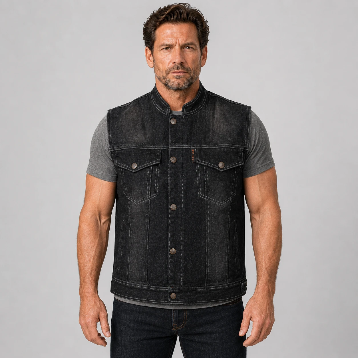 Atlas Black Denim Vest on  AI Model Generated Image