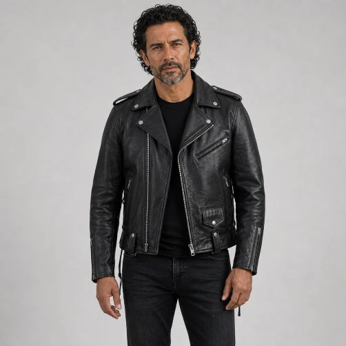Classic Leather Motorcycle Jacket with bike background on AI generated model