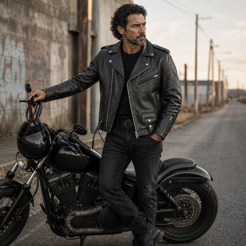 Classic Leather Motorcycle Jacket with bike background