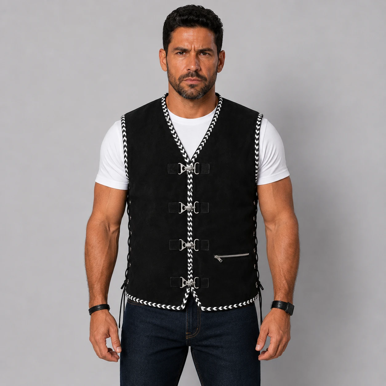 Dawson Suede Vest with Black and White Spanish Leather Braiding on AI generated model