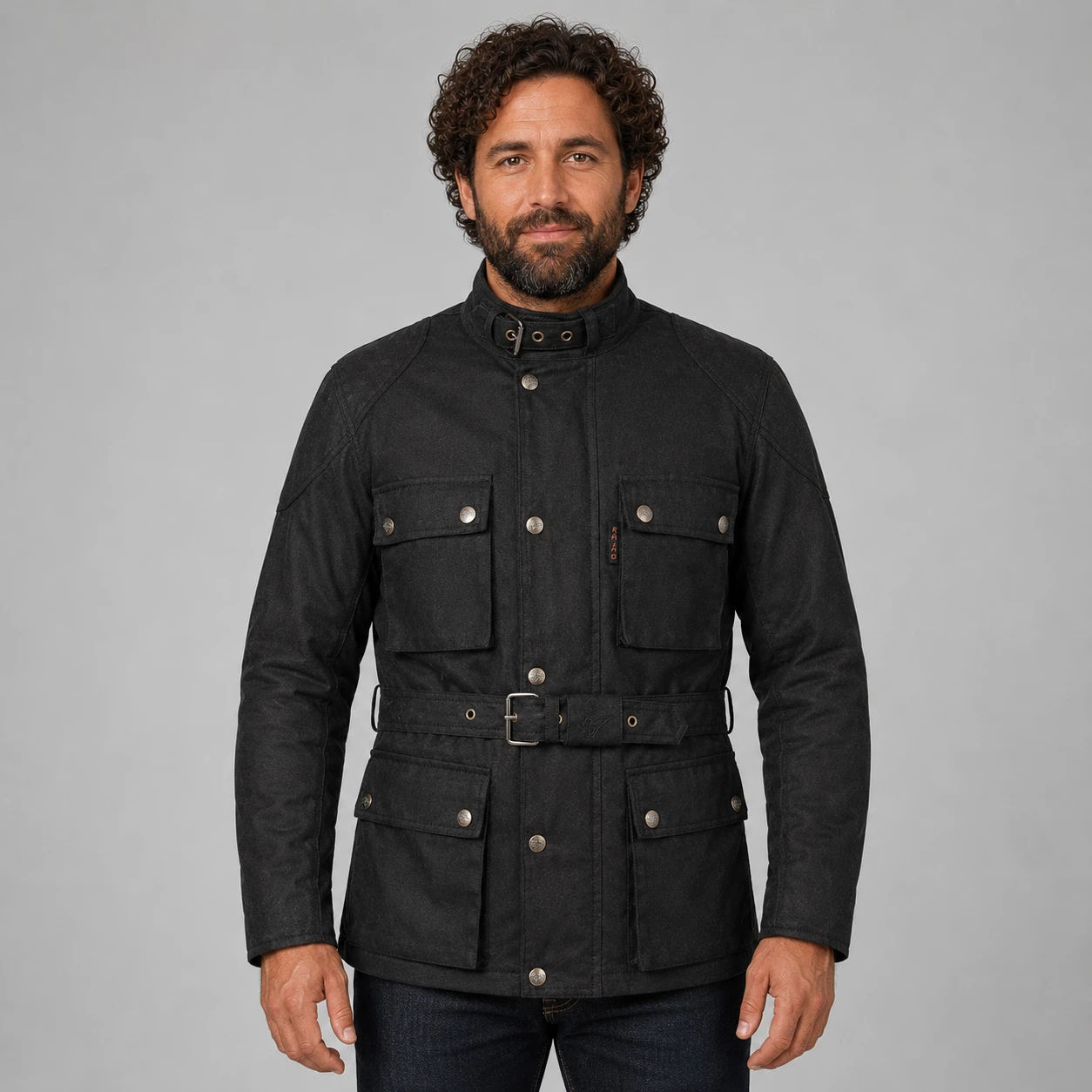 Waxed cotton motorcycle jacket on AI generated model