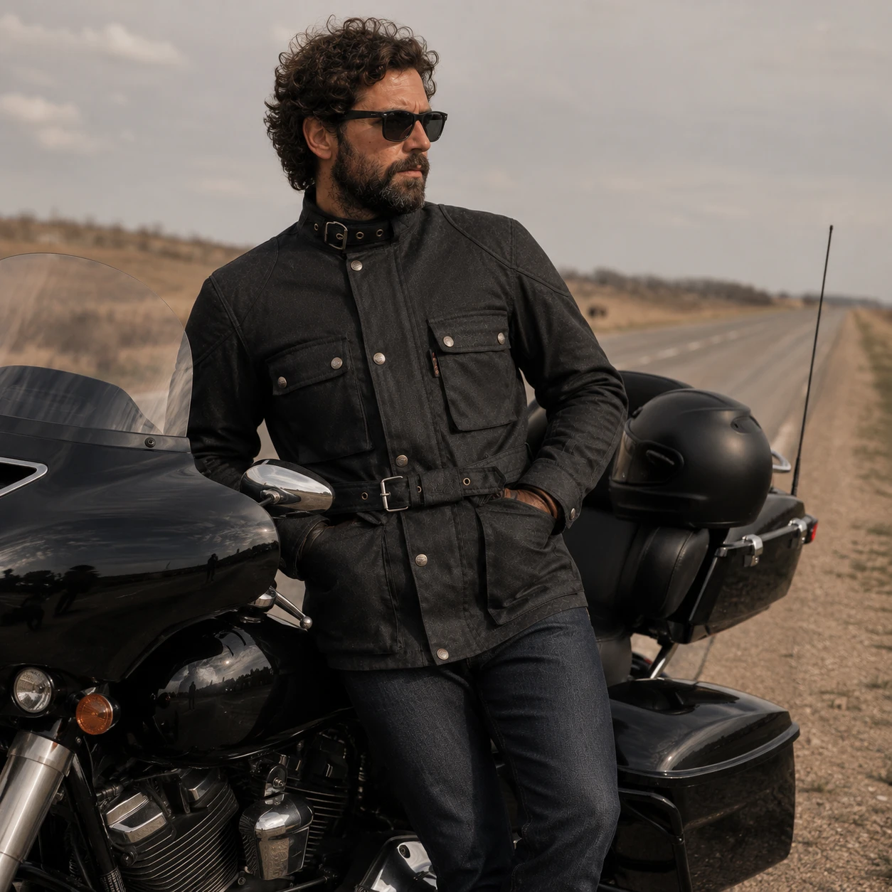 Waxed cotton motorcycle jacket on AI generated model