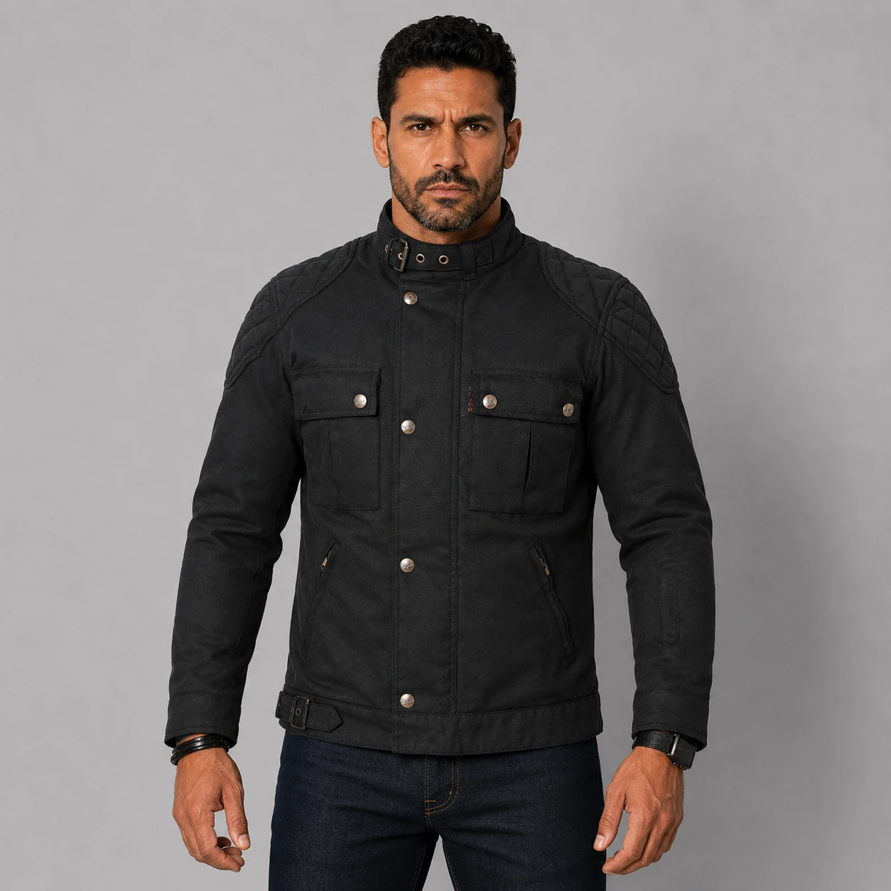 Strike Waxed Cotton Black Motorcycle Jacket Sports Style on AI generated model