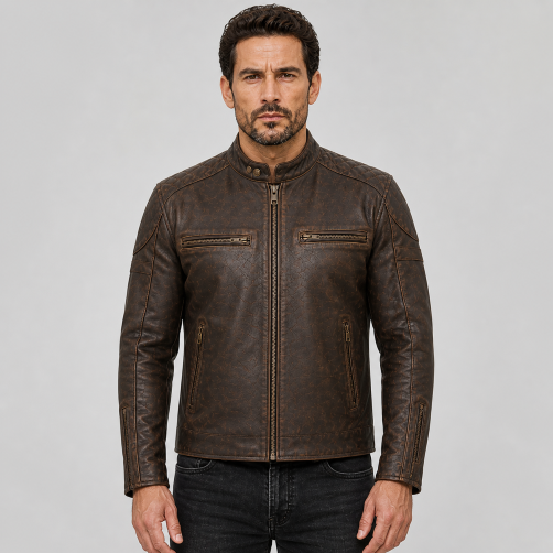 Classic Leather Motorbike Jacket  Distressed Brown Full Grain Leather - The Ace