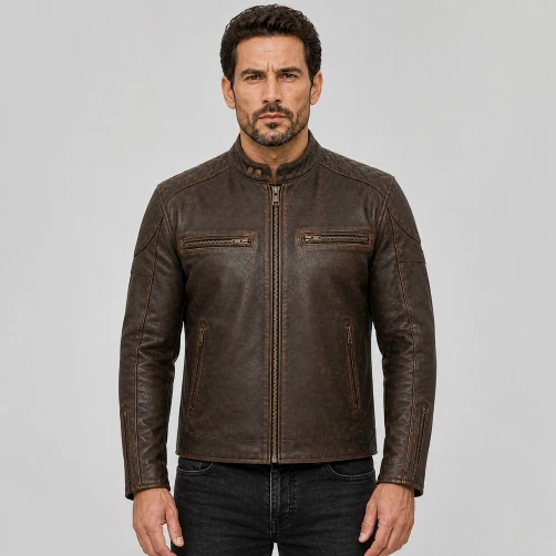 Brown Leather Motorbike Jacket on AI generated model
