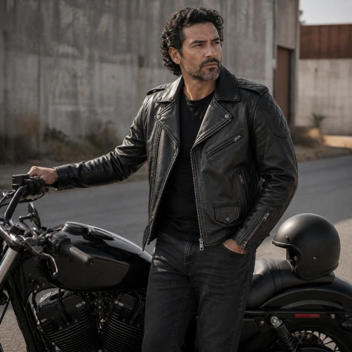 Mens Black Motorcycle Jacket on back street