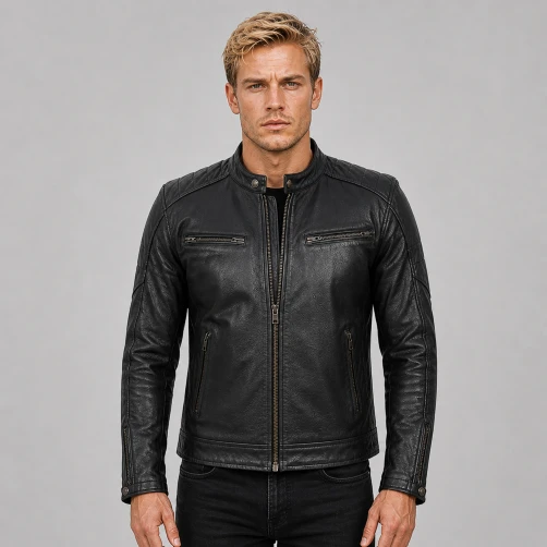 Black Leather Motorcycle Cafe racer Jacket on AI generated model