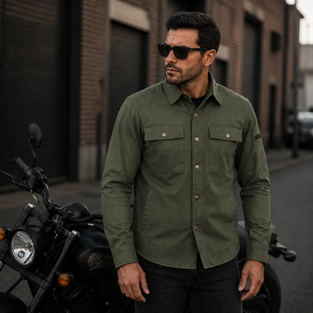 Vanguard Moto Shirt Protective Lining and CE armour included - Khaki on AI generated model