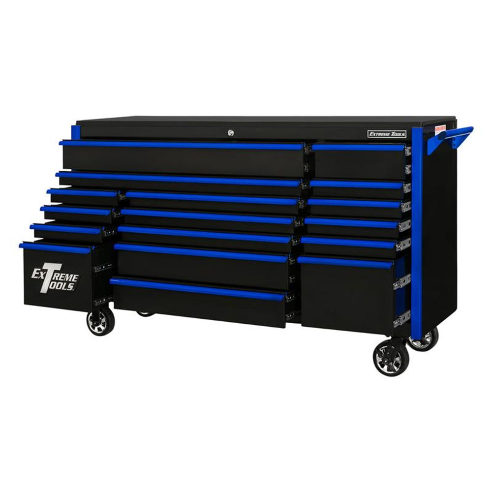Extreme Tools 72" DX Series 17-Drawer 21" Deep Roller Cabinet - Black w/Blue Drawer Pulls