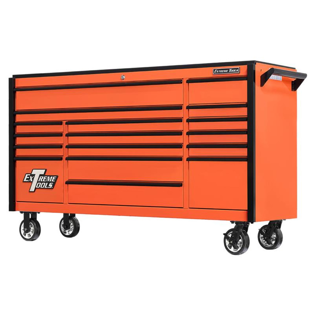 Extreme Tools 72" DX Series 17-Drawer 21" Deep Roller Cabinet - Orange w/Black Drawer Pulls