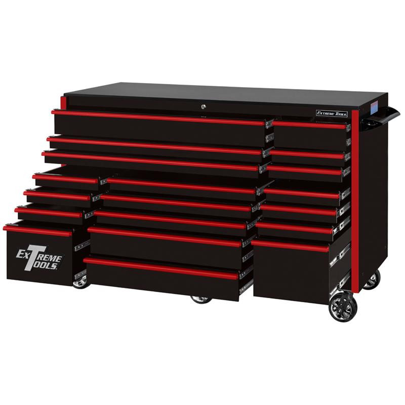 Extreme Tools 72" RX Series 19-Drawer 30" Deep Roller Cabinet - Black w/Red Drawer Pulls