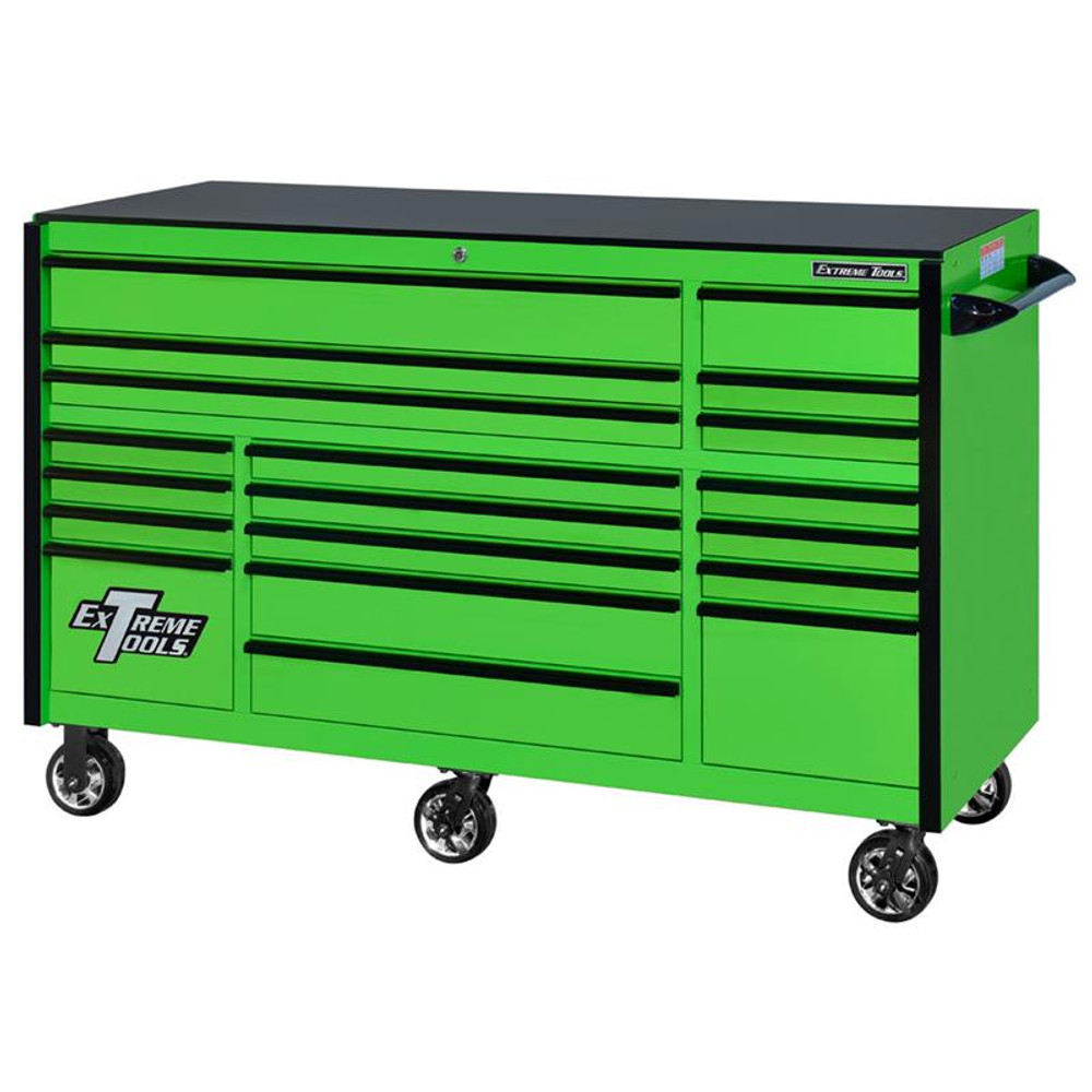 Extreme Tools 72" RX Series 19-Drawer 30" Deep Roller Cabinet - Green w/Black Drawer Pulls