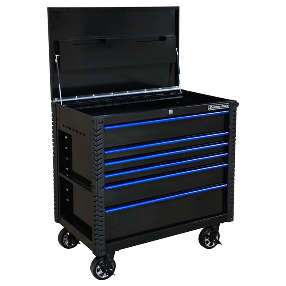 Extreme Tools EX Series 41" 6 Drawer Tool Cart with Bumpers - Black w/Blue Drawer Pulls
