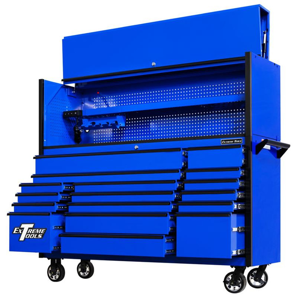 Extreme Tools 72 DX Series 17-Drawer Roller Cabinet w/Hutch - Blue w/Black  Drawer Pulls