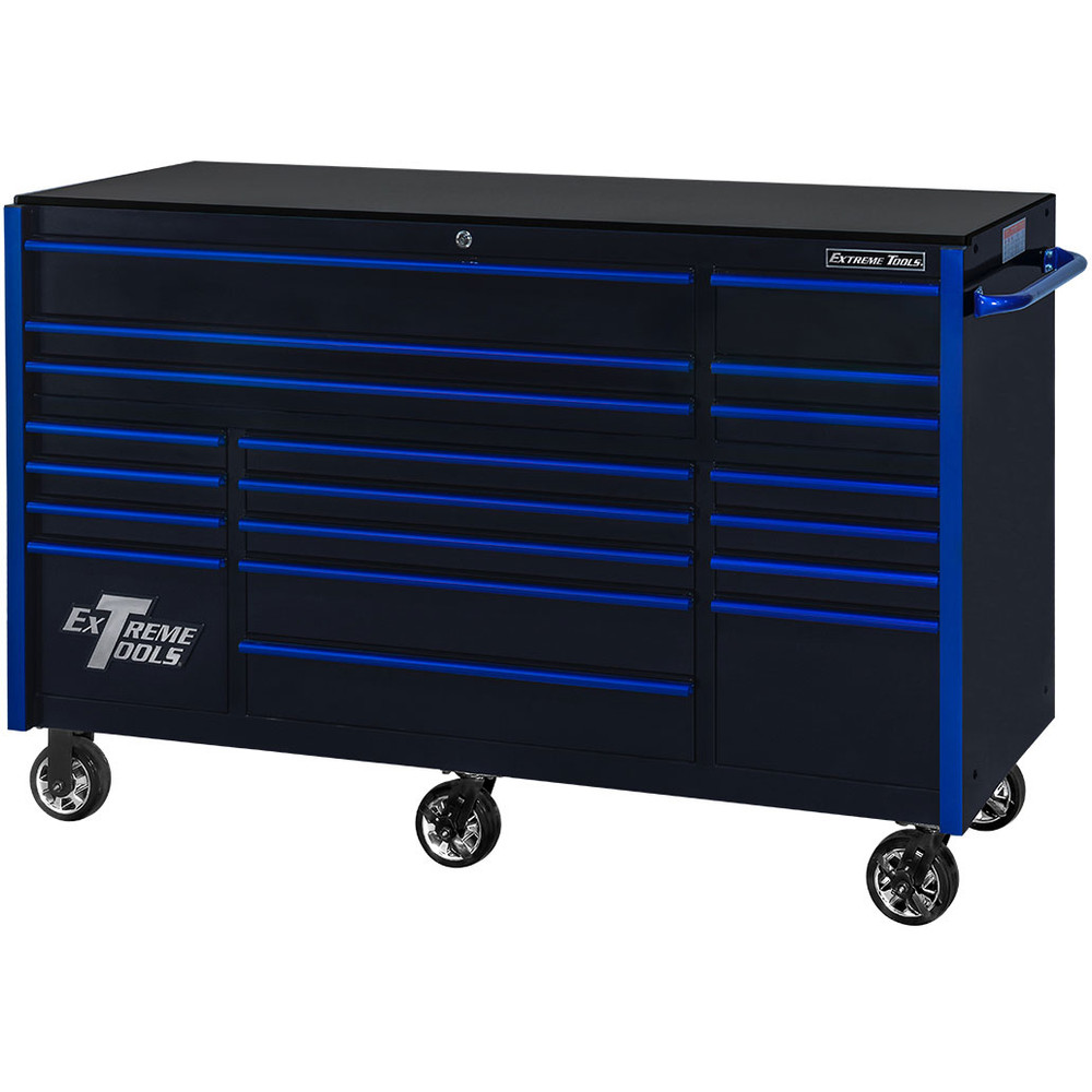 Extreme Tools 72" RX Series 19-Drawer 25" Deep Roller Cabinet, 150 lb Slides - Black w/Blue Handles