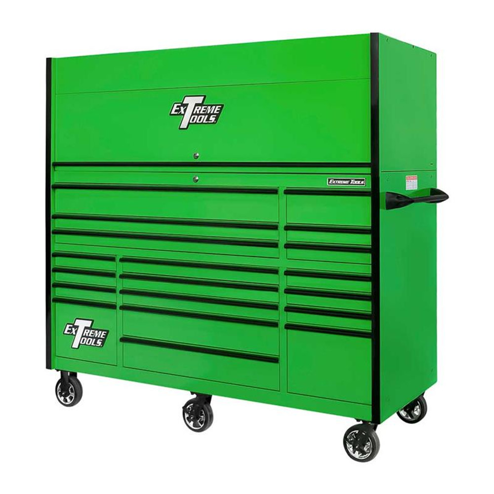 Extreme Tools 72 RX Series 19-Drawer Roller Cabinet w/Hutch, 150 lb Slides  - Green w/Black Handles