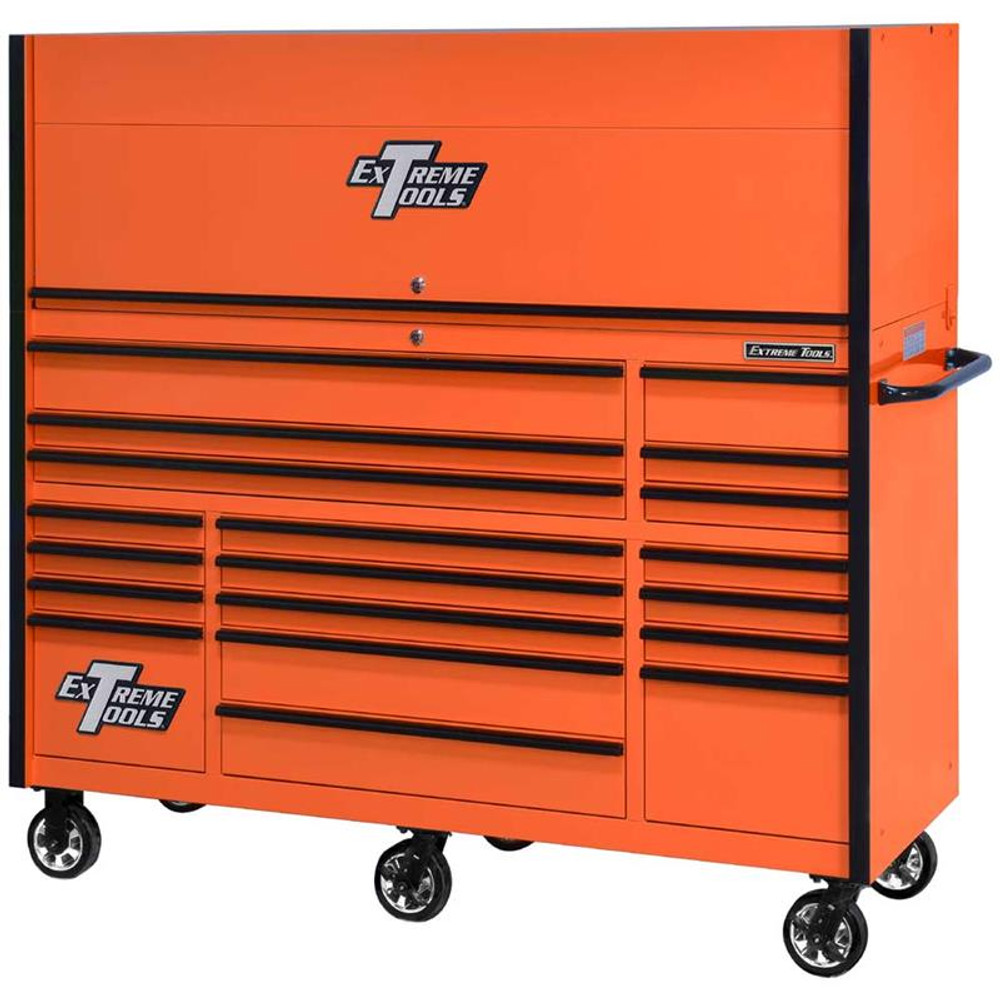 Extreme Tools 72 RX Series 19-Drawer Roller Cabinet w/Hutch, 150 lb Slides  - Orange w/Black Handles