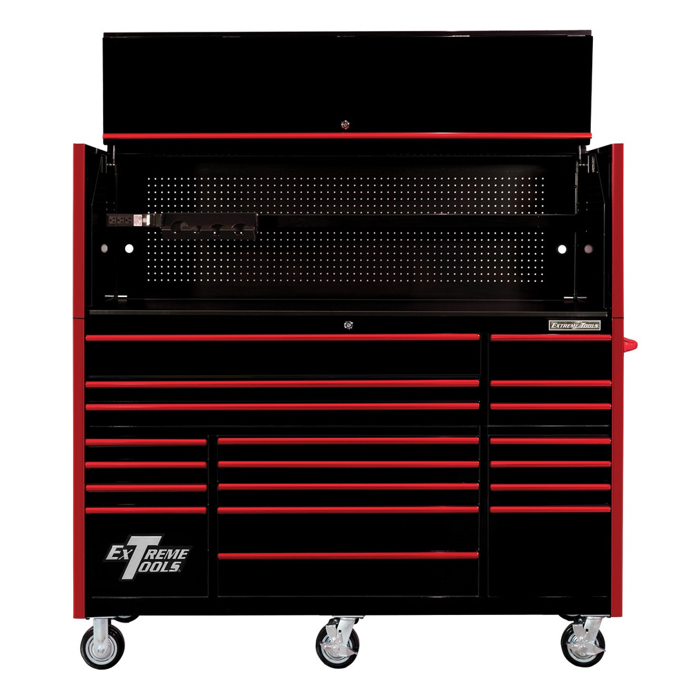 Extreme Tools 72" RX Series 19-Drawer 25" Deep Roller Cabinet w/Hutch, 150 lb Slides - Black w/Red Handles