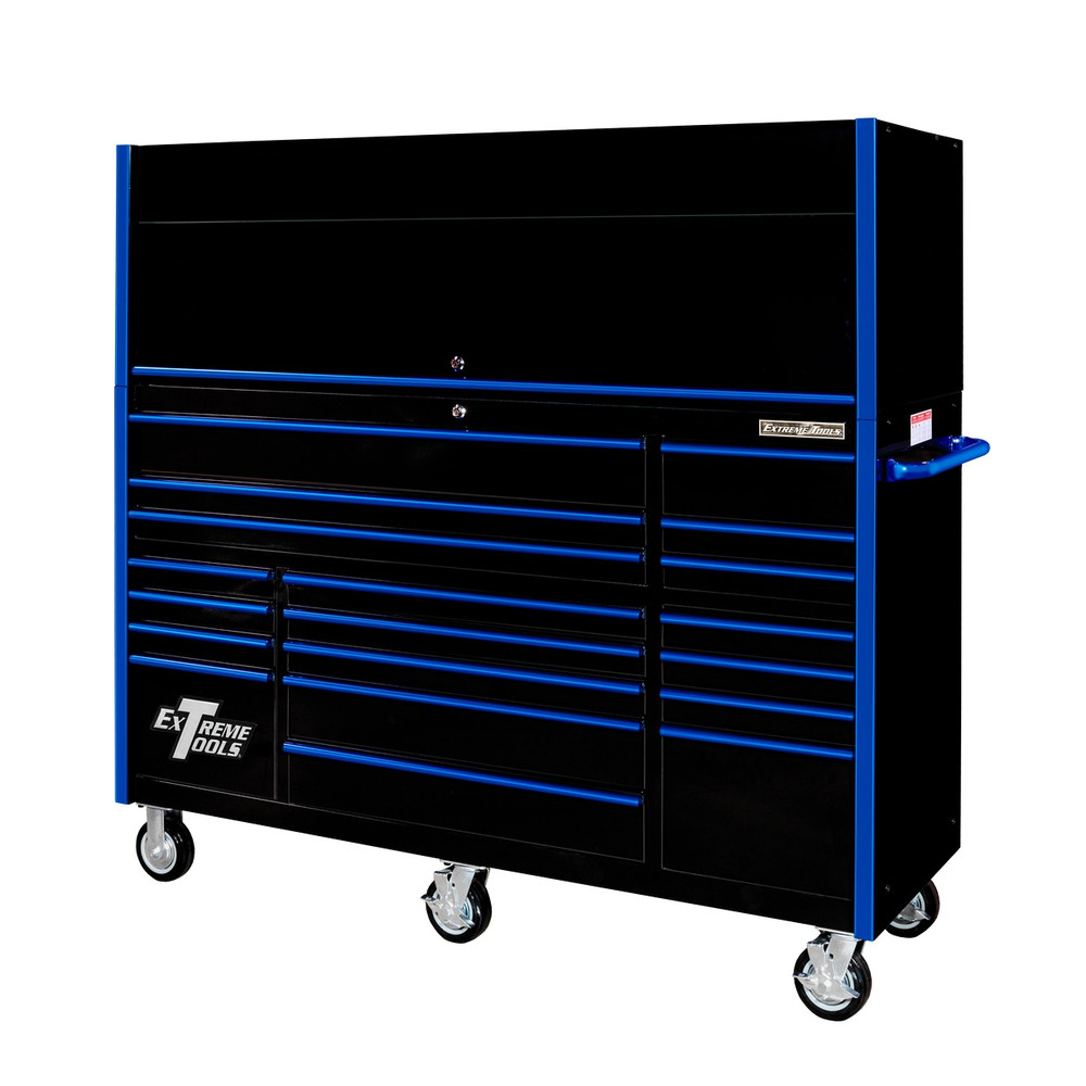Extreme Tools 72" RX Series 19-Drawer 25" Deep Roller Cabinet w/Hutch, 150 lb Slides - Black w/Blue Handles