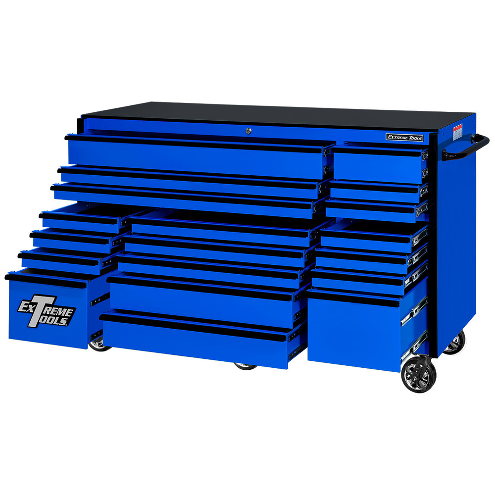 Extreme Tools 72" RX Series 19-Drawer 25" Deep Roller Cabinet, 150 lb Slides - Blue w/Black Handles Extreme Tools 72" RX Series 19-Drawer 25" Deep Roller Cabinet, 150 lb Slides - Blue w/Black Handles
