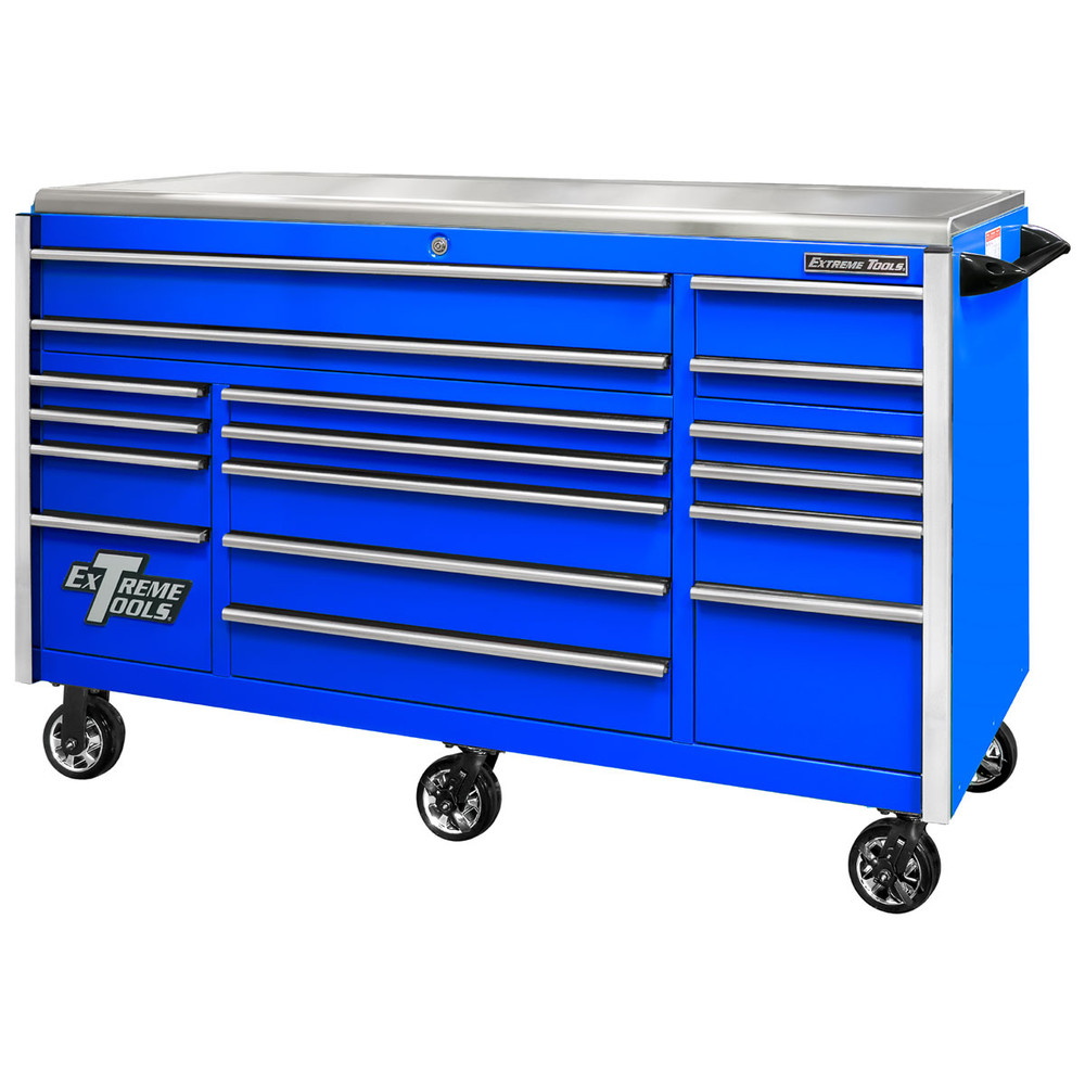 Extreme Tools EXQ Series 72" 17-Drawer Professional Triple Bank Roller - Blue w/Chrome Drawer Pulls