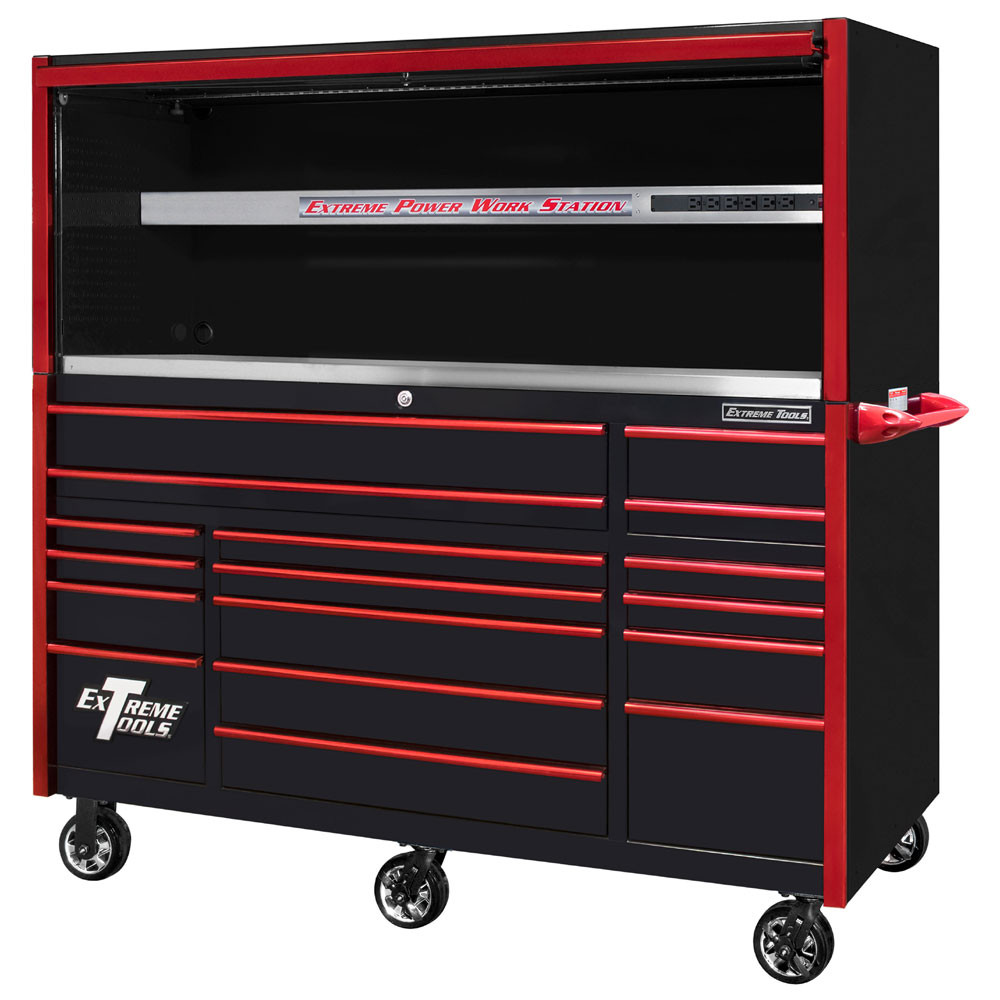 Extreme Tools EXQ Series 72" 17-Drawer Professional Triple Bank Roller and Hutch Combo - Black w/Red Drawer Pulls