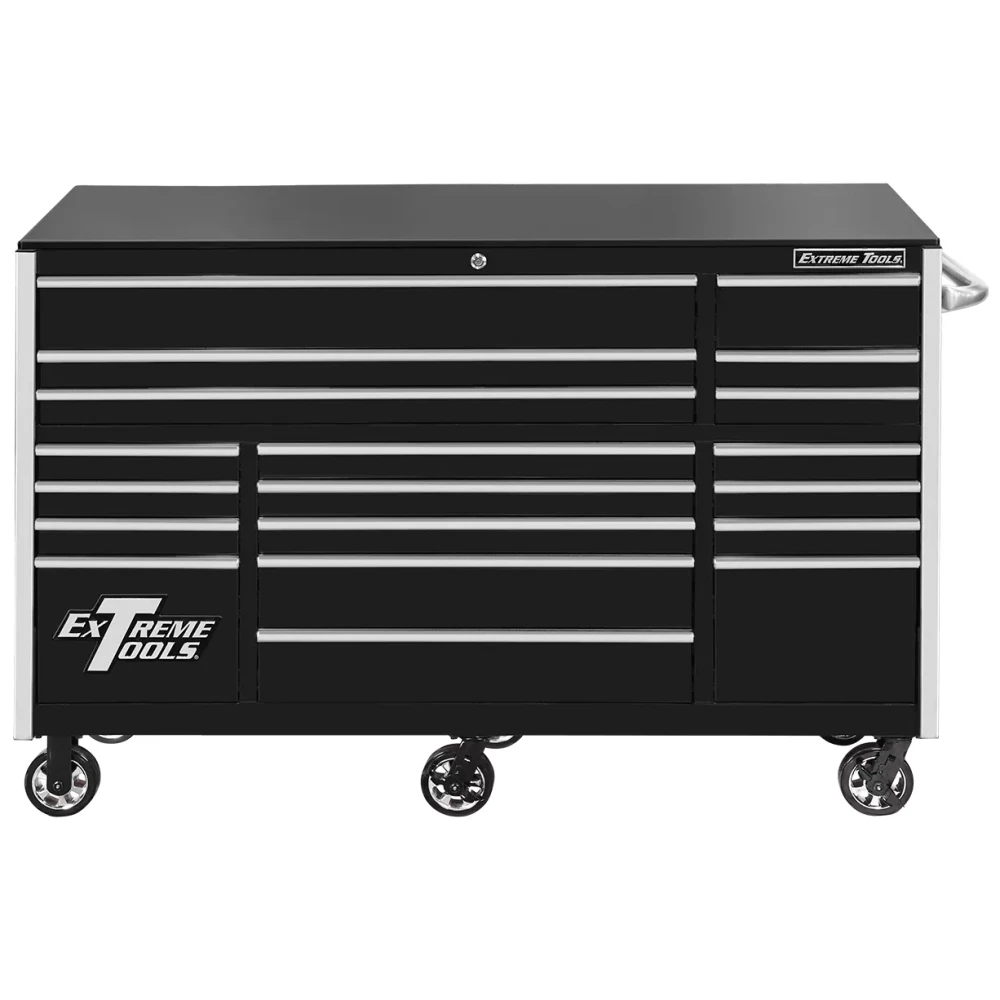 Extreme Tools 72" RX Series 19-Drawer 25" Deep Roller Cabinet, 150 lb Slides - Black w/Chrome Handles