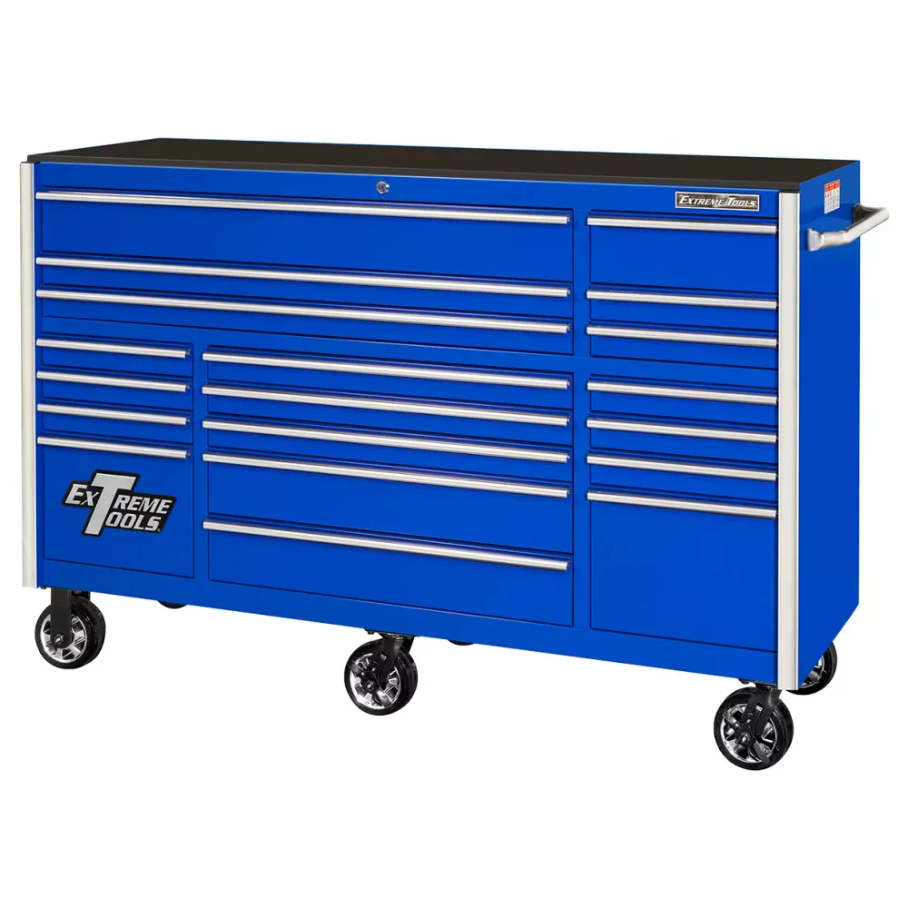 Extreme Tools 72" RX Series 19-Drawer 25" Deep Roller Cabinet, 150 lb Slides - Blue w/Chrome Handles