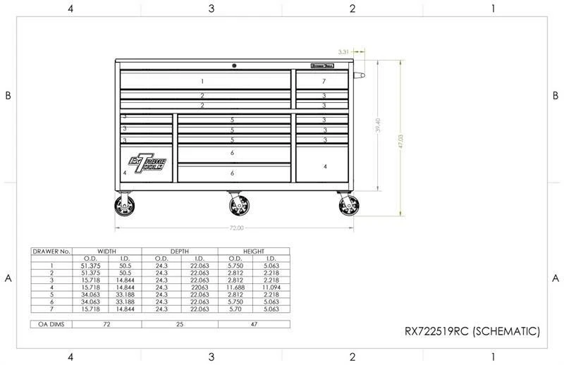 Extreme Tools 72" RX Series 19-Drawer 25" Deep Roller Cabinet, 150 lb Slides - Blue w/Chrome Handles
