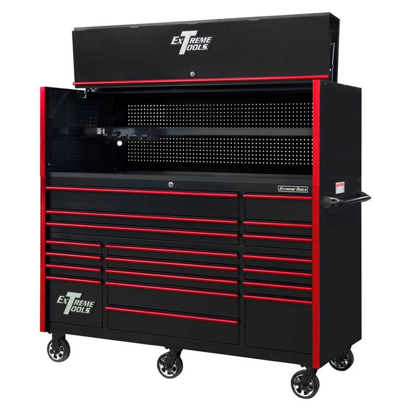 Extreme Tools 72" RX Series 19Drawer 30" Deep Roller w/Hutch Black w/Red Drawer Pulls