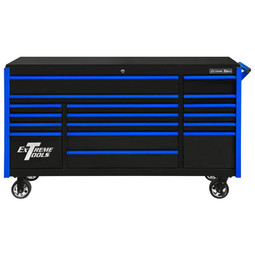 Extreme Tools 72" DX Series 17-Drawer 21" Deep Roller Cabinet - Black w/Blue Drawer Pulls