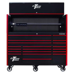 Extreme Tools 72" RX Series 19-Drawer 30" Deep Roller Cabinet w/Hutch - Black w/Red Drawer Pulls Extreme Tools 72" RX Series 19-Drawer 30" Deep Roller Cabinet w/Hutch - Black w/Red Drawer Pulls