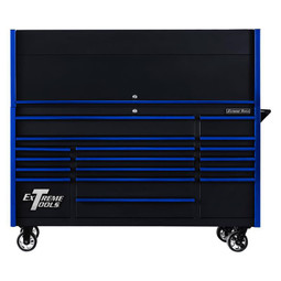 Extreme Tools 72" DX Series 17-Drawer 21" Deep Roller Cabinet w/Hutch - Black w/Blue Drawer Pulls