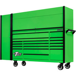 Extreme Tools 72" DX Series 17-Drawer 21" Deep Roller Cabinet w/Hutch and Side Locker - Green w/Black Drawer Pulls