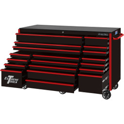 Extreme Tools 72" RX Series 19-Drawer 25" Deep Roller Cabinet, 150 lb Slides - Black w/Red Handles