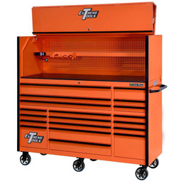 Extreme Tools 72" RX Series 19-Drawer 25" Deep Roller Cabinet w/Hutch, 150 lb Slides - Orange w/Black Handles