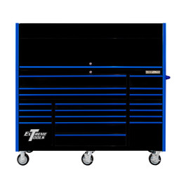 Extreme Tools 72" RX Series 19-Drawer 25" Deep Roller Cabinet w/Hutch, 150 lb Slides - Black w/Blue Handles