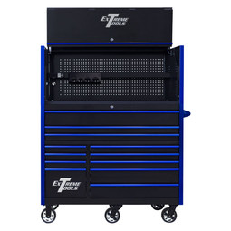 Extreme Tools RX Series 55" 12-Drawer Roller with Hutch - Black w/Blue Drawer Pulls Extreme Tools RX Series 55" 12-Drawer Roller with Hutch - Black w/Blue Drawer Pulls