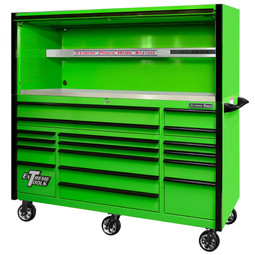 Extreme Tools EXQ Series 72" 17-Drawer Professional Triple Bank Roller and Hutch Combo - Green w/Black Drawer Pulls Extreme Tools EXQ Series 72" 17-Drawer Professional Triple Bank Roller and Hutch Combo - Green w/Black Drawer Pulls