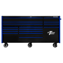 Extreme Tools RXQ Series 84" 16-Drawer Roller Cabinet - Black w/Blue Drawer Pulls