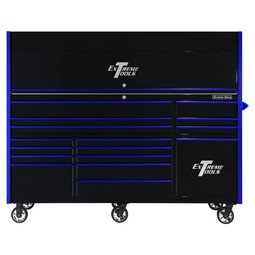 Extreme Tools RXQ Series 84" 16-Drawer Roller and Hutch Combo - Black w/Blue Drawer Pulls Extreme Tools RXQ Series 84" 16-Drawer Roller and Hutch Combo - Black w/Blue Drawer Pulls