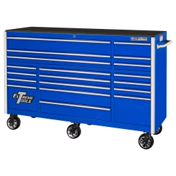 Extreme Tools 72" RX Series 19-Drawer 25" Deep Roller Cabinet, 150 lb Slides - Blue w/Chrome Handles