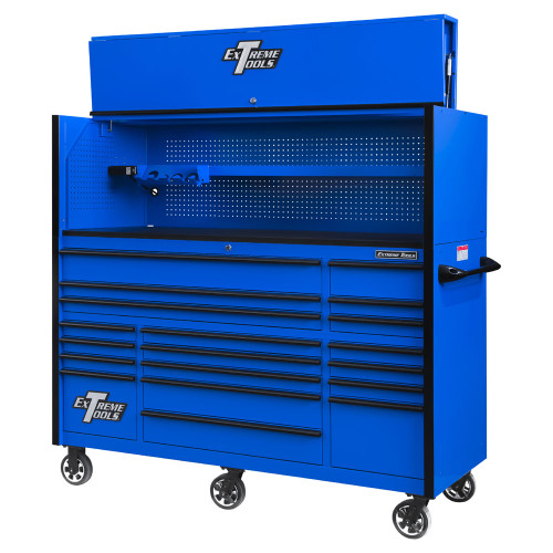 Extreme Tools 72" RX Series 19-Drawer 25" Deep Roller Cabinet w/Hutch, 150 lb Slides - Blue w/Black Handles