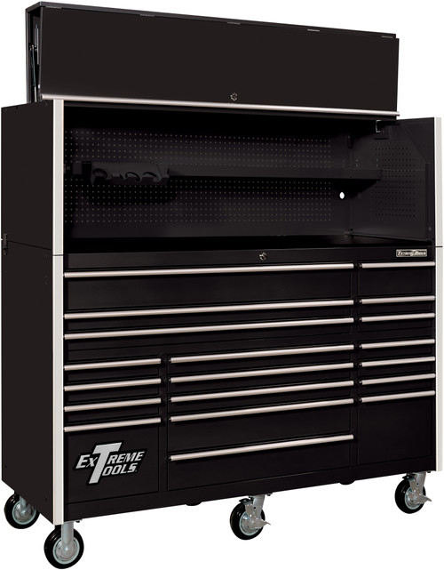 Extreme Tools 72" RX Series 19-Drawer 25" Deep Roller Cabinet with Hutch - Black w/Chrome Handles